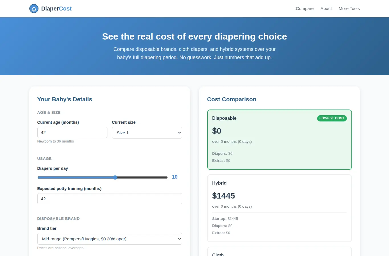 Screenshot of Diapering Cost Comparison Engine interface showing the project page in use